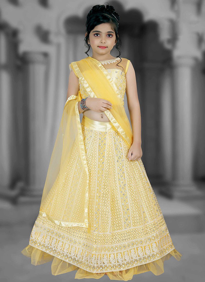 Yellow Colour Latest Fancy Designer Party Wedding Wear Net With Lucknowi Work Kids Wear Girls Lehnga Choli Collection 124